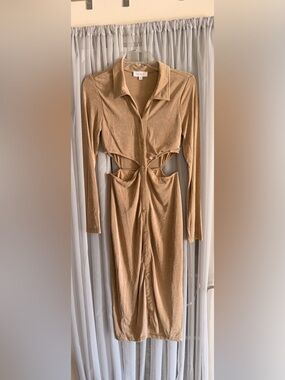 Mable Cutout Button-Front Long Sleeve Midi Dress in Camel Tan Large